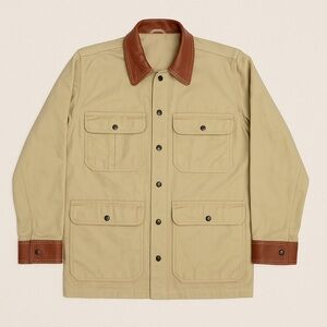 🦌 Vintage Safari Field Jacket |‎ Tan Canvas + Brown Leather Trim Utility Pocket